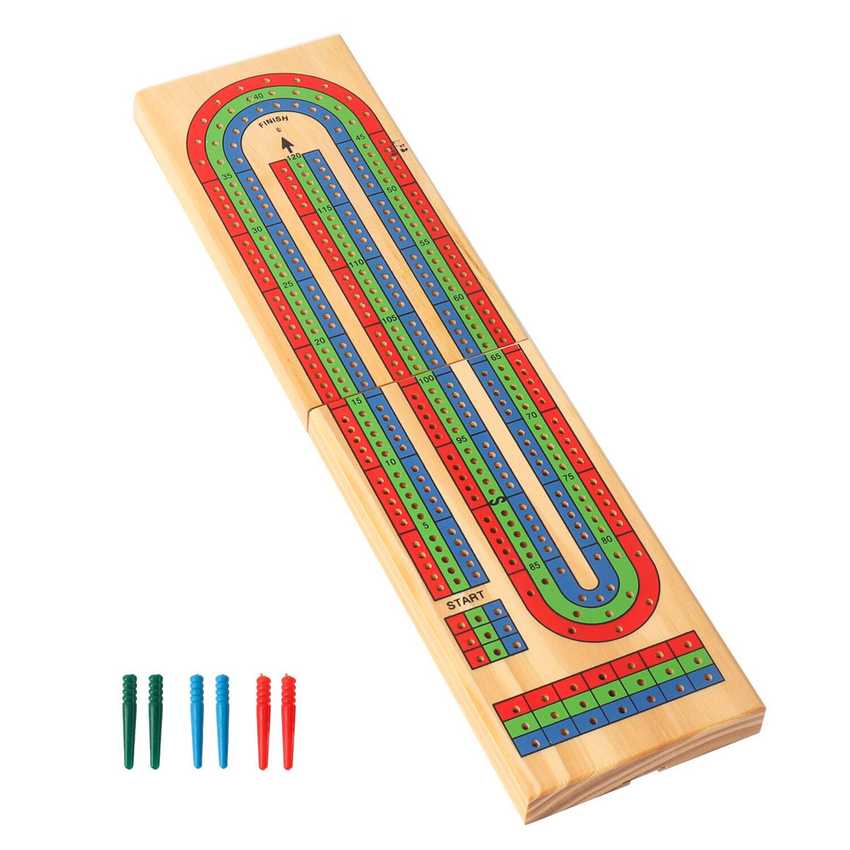 GSE Games & Sports Expert - Wooden Folding 3-Track Color Coded Portable Travel Cribbage Board with 6 Plastic Pegs, Travel Game