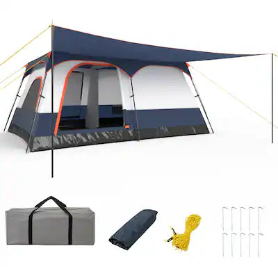 Gymax - 10-Person Camping Tent with Porch Large Family Cabin Tent w/ 2 Rooms 2 Doors