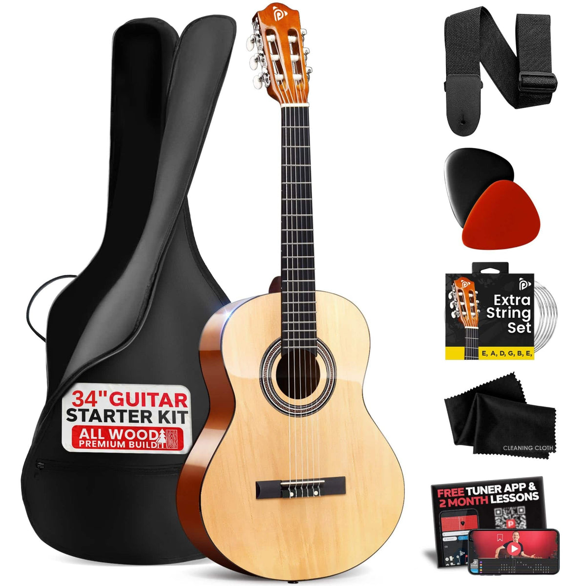 Pyle - Beginner Acoustic Guitar Kit, 1/2 Junior Size All Wood Instrument with Full Accessory Kit, Picks, Shoulder Strap - Natural