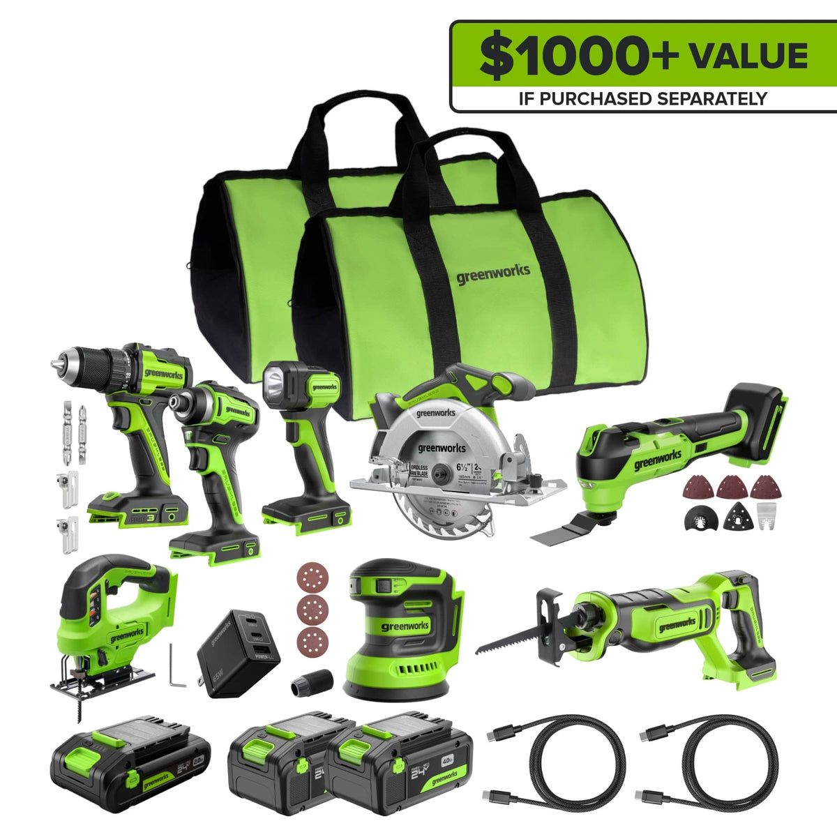 Greenworks - 24V 8pcs Combo, Drill+Impact Driver+Circular Saw+Recip Saw+Jig Saw+Sander+Flashlight+Oscillating Tool - Green