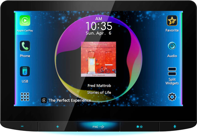 Apple CarPlay AM 10:35 Sun. Apr. 6 Favorite Stories of Life Phone Audio USB Fred Mattrob Fred Mattrob Split Widgets Stories of Life The Perfect Experience - + FNC