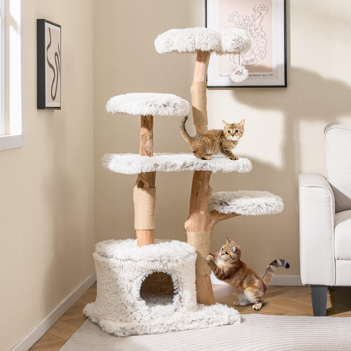Gymax - 53'' Tall Natural Branch Wooden Cat Tower w/ Jute Scratching Posts Plush Perch