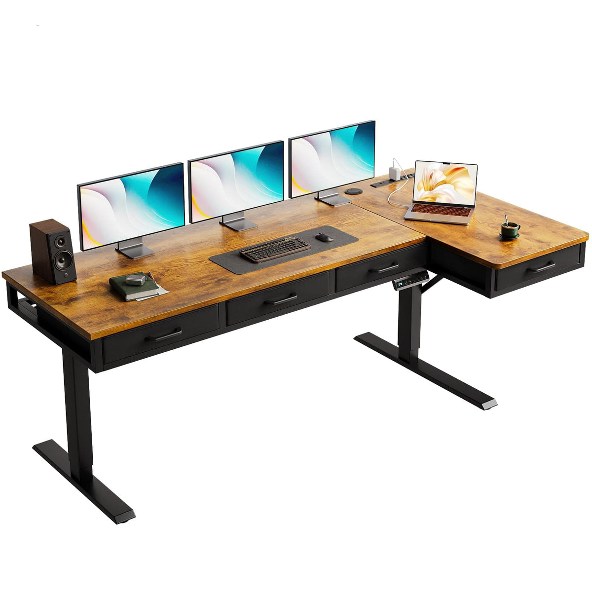 AODK - L Shaped Electric Standing Desk with Drawers, Height Adjustable Sit Stand Computer Table with Power Outlets - Brown