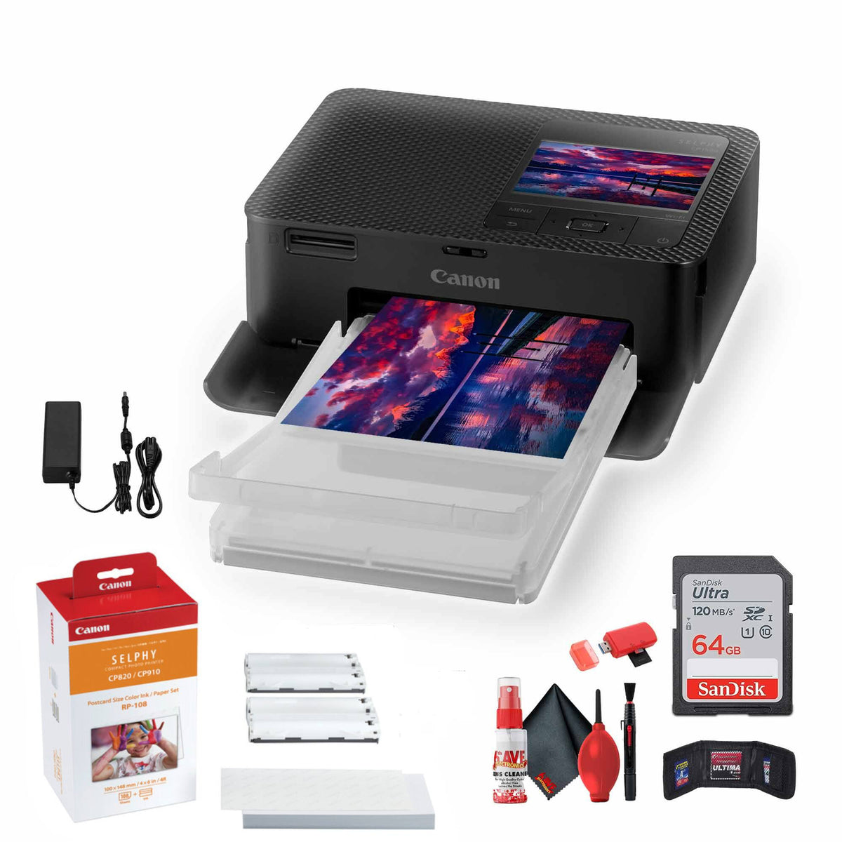 SELPHY CP1500 Photo Printer (Black) + Canon RP-108 Color Ink and Paper Set + More Bundle