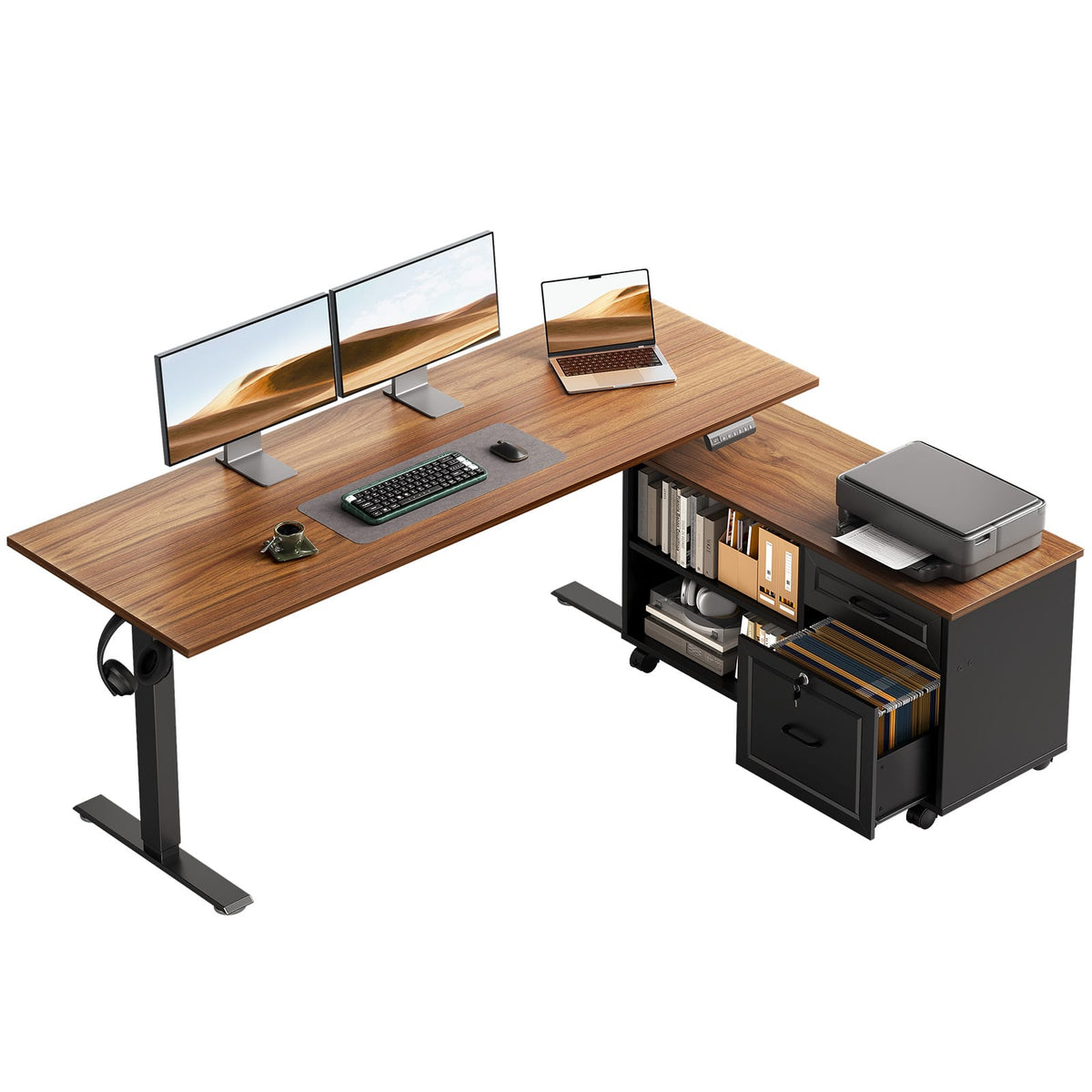 OffiGo - L Shaped Electric Standing Desk with Drawers & File Cabinet, Height Adjustable Computer Desk for Home Office - Walnut+black
