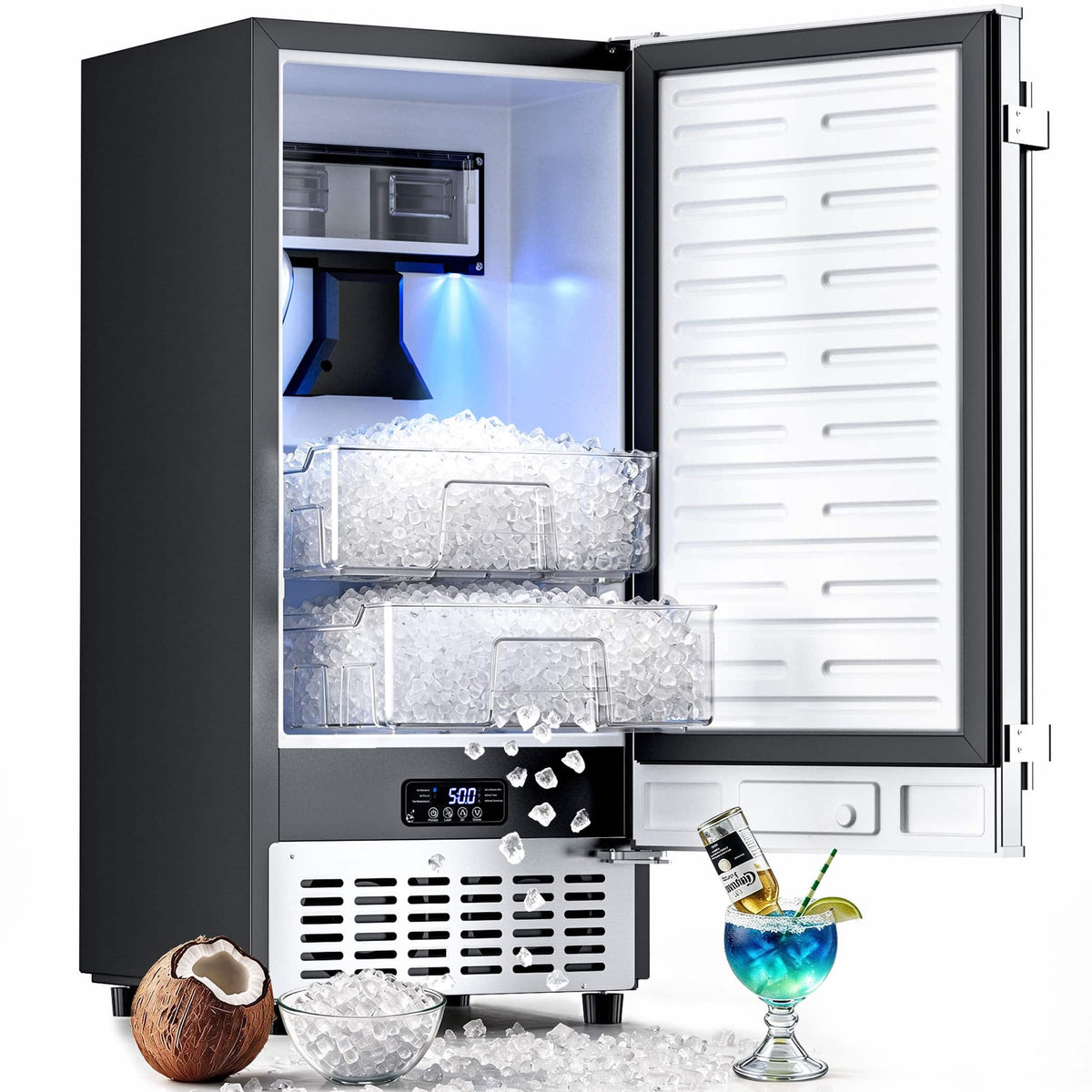 Coolake - 15 in. 100 lb. Freestanding Undercounter Nugget Ice Maker Machine with Dual Storage Basket for Bar - Stainless Steel