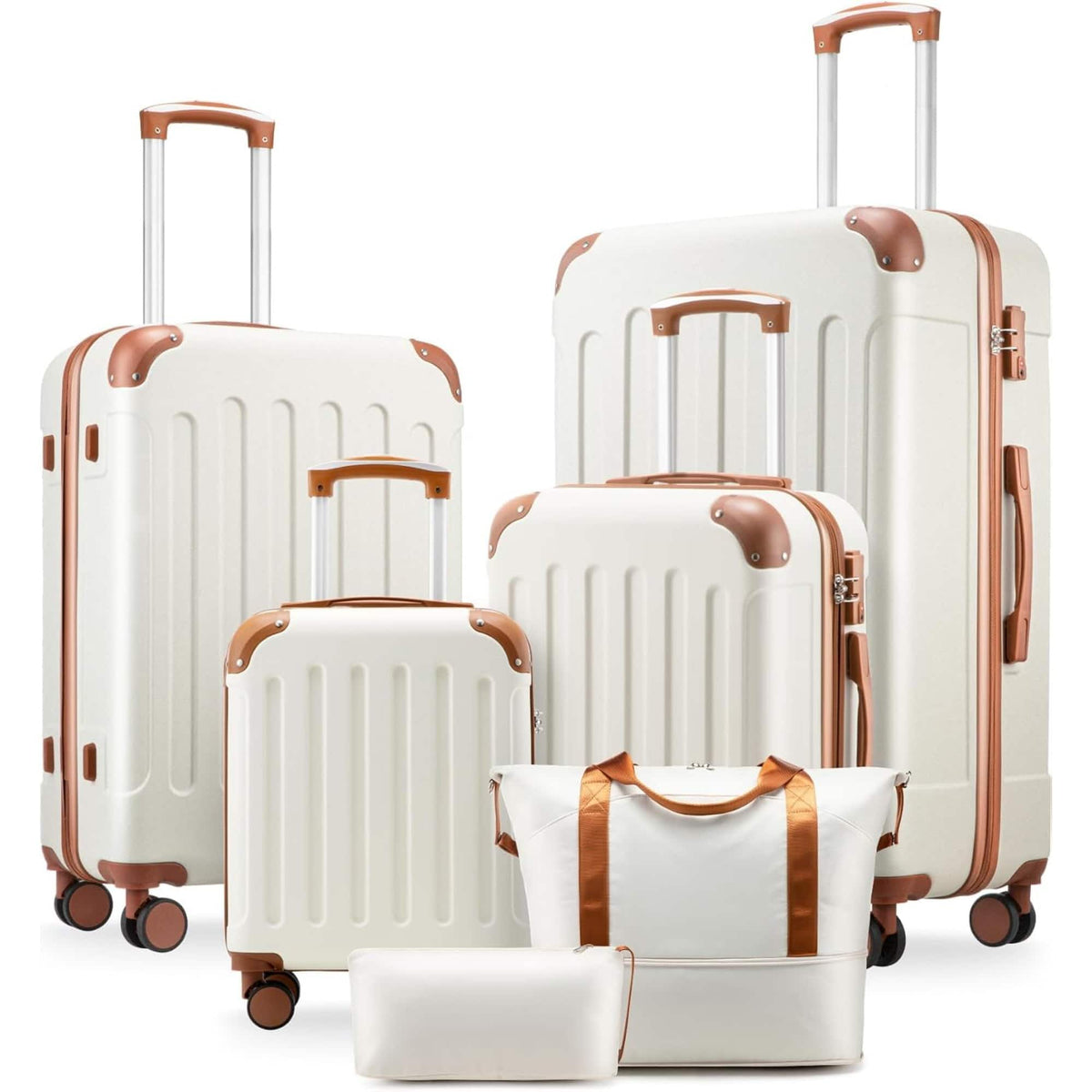 LUGGEX - Luggage Sets 6 Piece Hardside Suitcase with Wheels, TSA Approved,Tote Bag, Brown - White