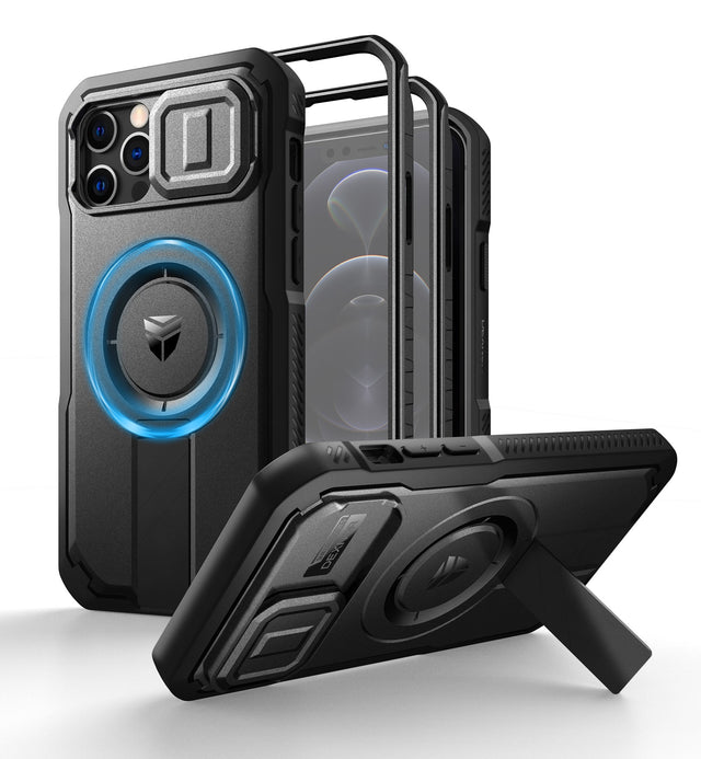 Front. Dexnor - Case for iPhone 12/12 Pro Bumper with Slide Camera Cover, Adjustable kickstand, Screen protector Heavy-Duty Cover - Black.