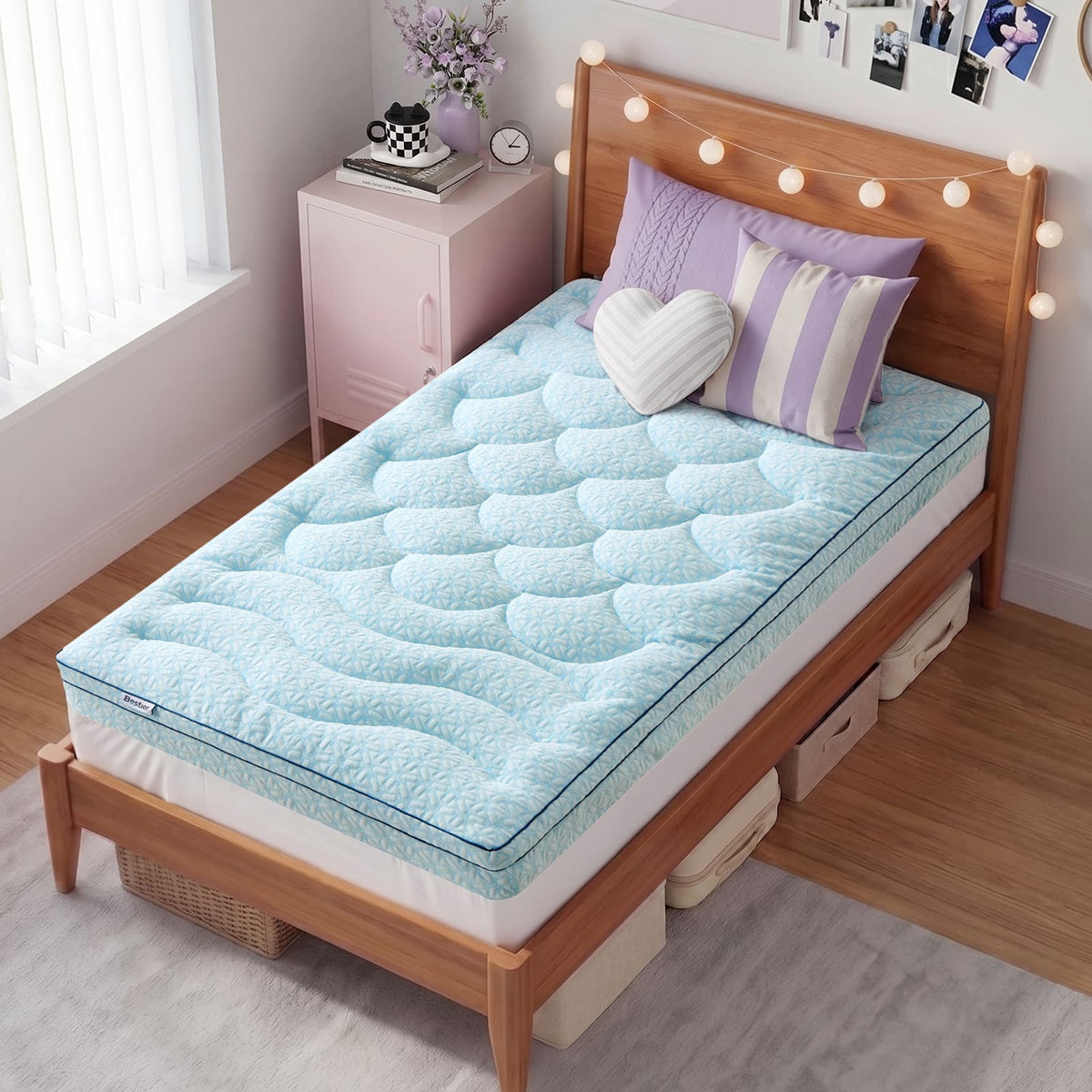 Bestier - Twin Size 3-Inch Gel Memory Foam Mattress Topper with Cooling Cover - Light Blue