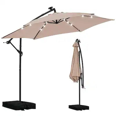 Ainfox - 10FT Outdoor Patio Cantilever Umbrella Hanging Offset with Cross Base Sand Bags & 24 LED Solar Lights