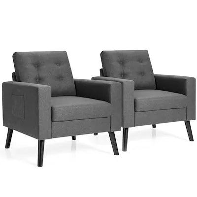 Gymax - Set of 2 Upholstered Accent Chair Single Sofa Armchair w/ Wooden Legs Grey