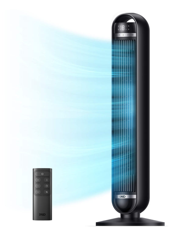 DREO - Tower Fan, 27ft/s Velocity Quiet Floor Fan, 90° Oscillating Fans for Indoors with 8 Speeds, Remote Control, Nomad DC - Black