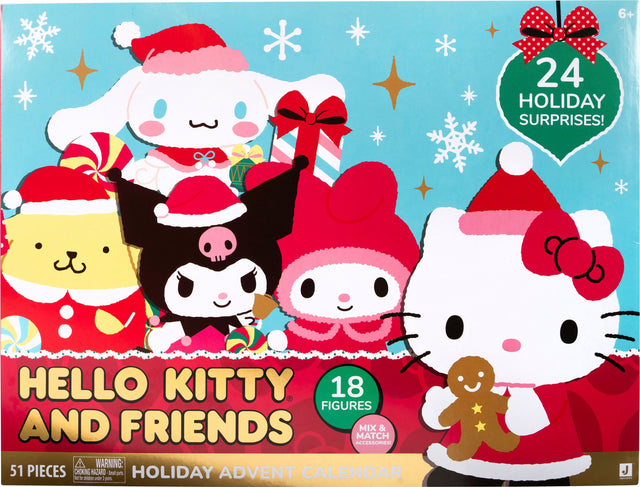 6+  
24 HOLIDAY SURPRISES!  
HELLO KITTY AND FRIENDS  
18 FIGURES  
MIX & MATCH ACCESSORIES!  
51 PIECES  
WARNING: CHOKING HAZARD - Small parts. Not for children under 3 years.  
HOLIDAY ADVENT CALENDAR
