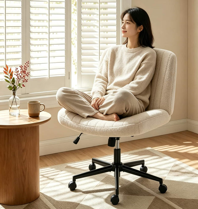 Front. Sweet - Criss Cross Office Chair with Wheels, Wide Seat Armless Desk Vanity Chair, Teddy Velvet, Beige - Beige.