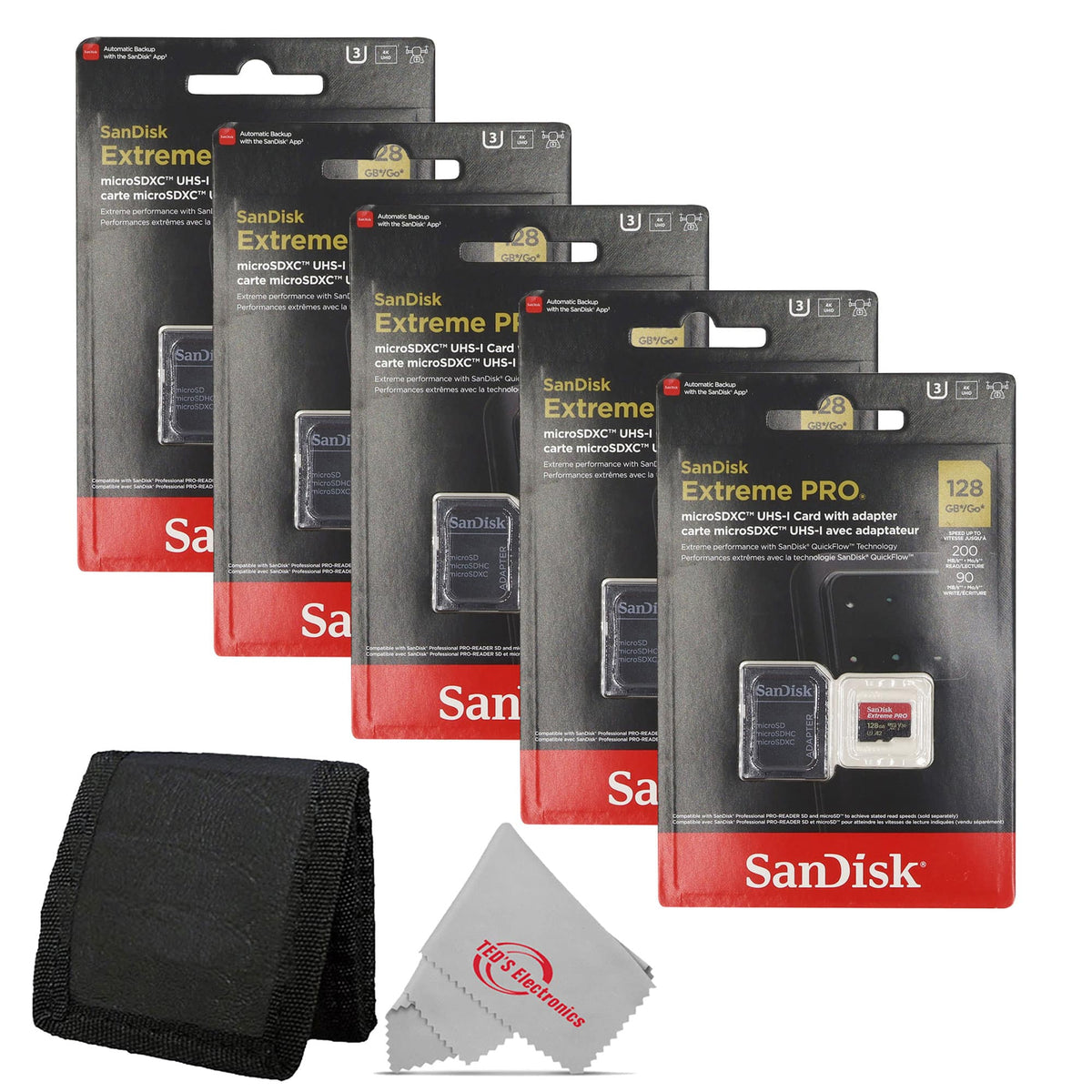 SanDisk Professional - 5x Sandisk 128GB Extreme Pro UHS-I Micro SD Up to 200MB/s Read 90MB/s Write with Card Wallet