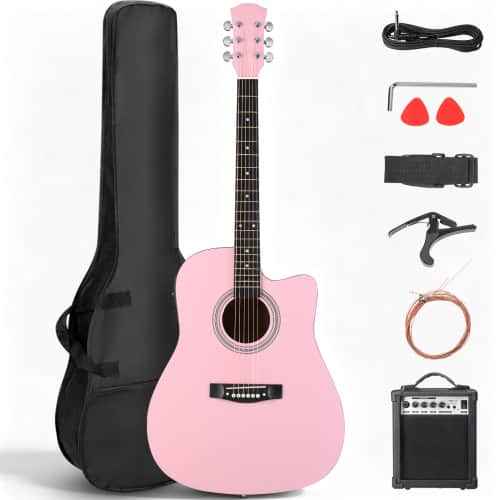 Front. Winado - 41 Inch Acoustic Guitar with Gig Bag for Beginner Full Steel Guitars Kit with Extra Strings, Strap, Picks,Capo - Pink.