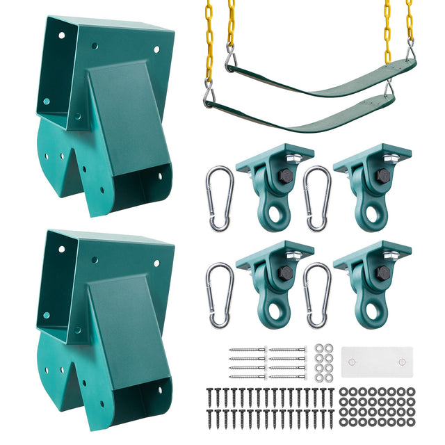 Front. VEVOR - Swing Set Brackets, Heavy-Duty A-frame Set Hardware, with 2 A-Frame Swing Brackets & 2 Seats & 4 Hangers - Green.
