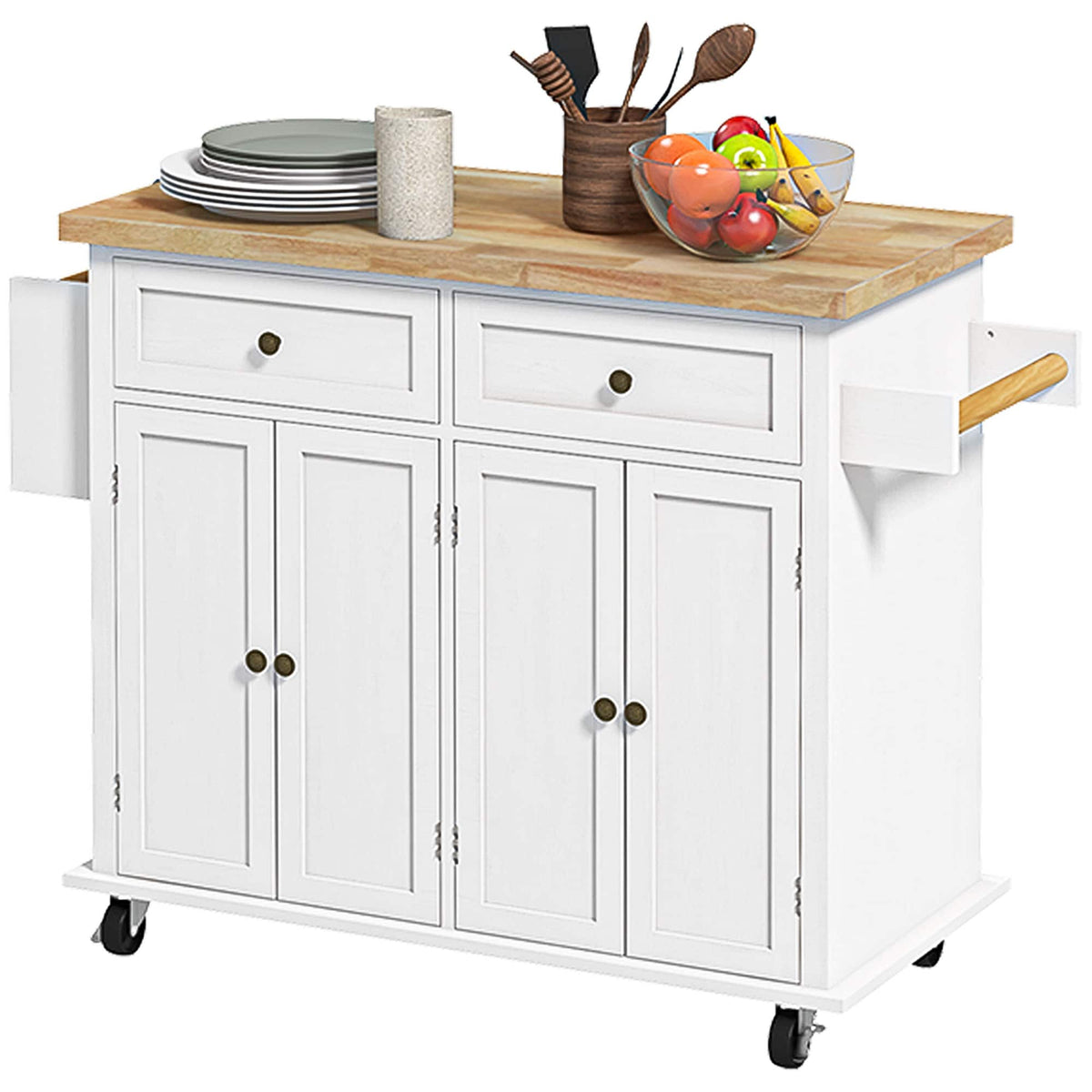 Homcom - Rolling Kitchen Island Cart with Spice Rack - Distressed White