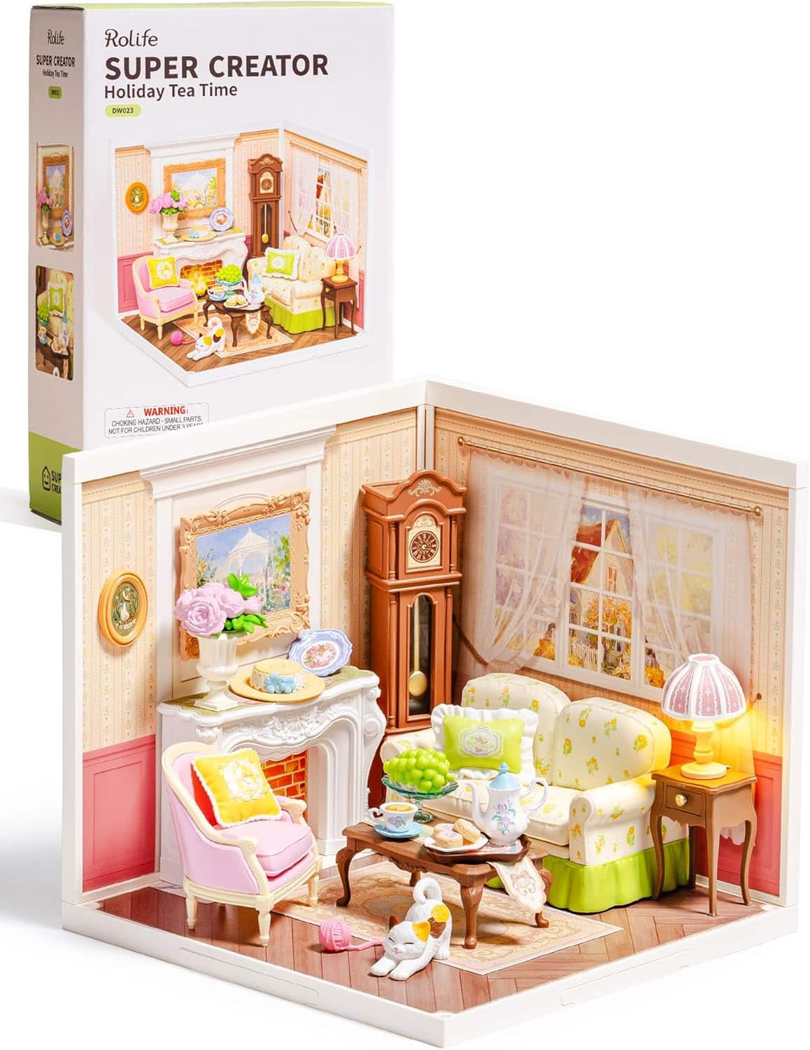 Robotime - Rolife Holiday Tea Time Super Creator Kits, Tiny House Building Blocks for Little Dolls, DIY Plastic Model Building Kits - Brown