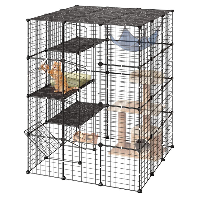 Front. VEVOR - Cat Cage 4-Tier 40.98"x40.98"x55" DIY Cat Playpen Indoor Enclosure, Detachable Metal Wire Kennel Crate with 4 Doors - Black.