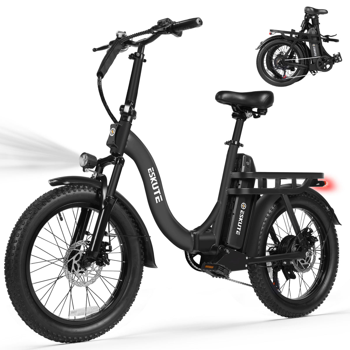 Eskute - Foldable Commuter Electric Bike - 500W Motor, Step-Through, Up to 55 Miles, Front Suspension - Black