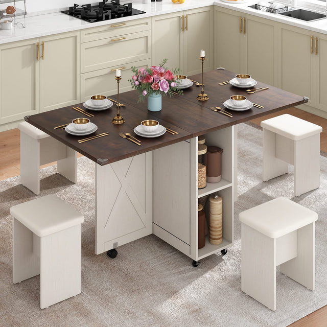 Front. Espafurni - 5 -PCS Dining Table Set - 60" Folding,4 Leather Chairs, Drop Leaf for Small Spaces,6 Wheels, 2 Layer Shelf - White & Brown.