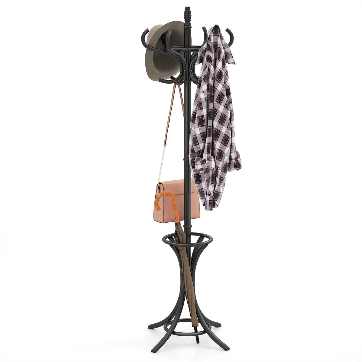 Gymax - 73'' Freestanding Coat Hanger Stand Coat Rack w/ Umbrella Holder & 12 Hooks - Black