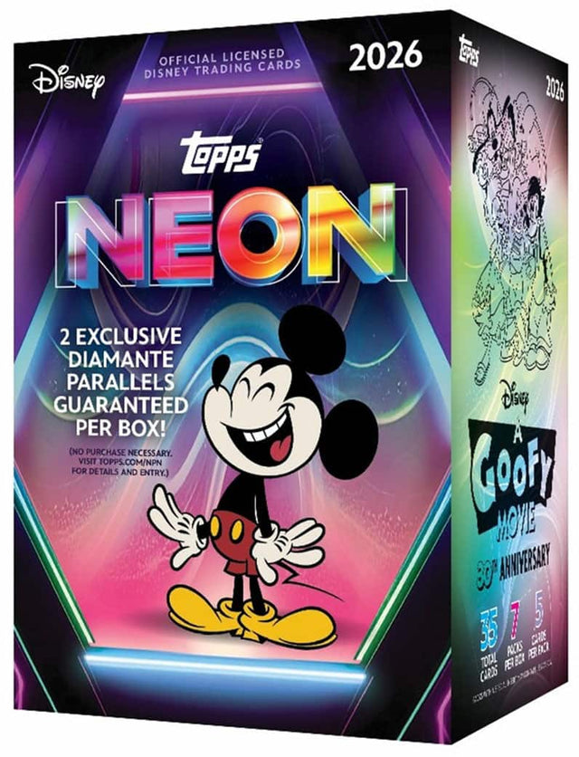 OFFICIAL LICENSED CARDS  
DISNEY TRADING CARDS  
2026  
TOPPS NEON  
2 EXCLUSIVE DIAMANTE PARALLELS GUARANTEED PER BOX!  
(NO PURCHASE NECESSARY. VISIT TOPPS.COM/NPN FOR DETAILS AND ENTRY.)  

A Goofy Movie  
30th ANNIVERSARY  
35 TOTAL CARDS  
7 PACKS PER BOX  
5 CARDS PER PACK  

2026