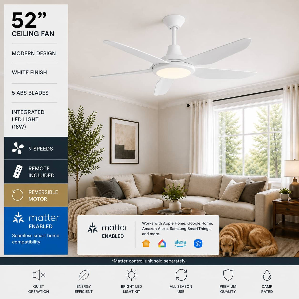 ENLIGHT - 52" Smart DC Ceiling Fan, CCT & Dimmable Light, Efficient + Quiet DC Motor, Reverse Mode, Matter, 5-Blade, Damp Rated - White