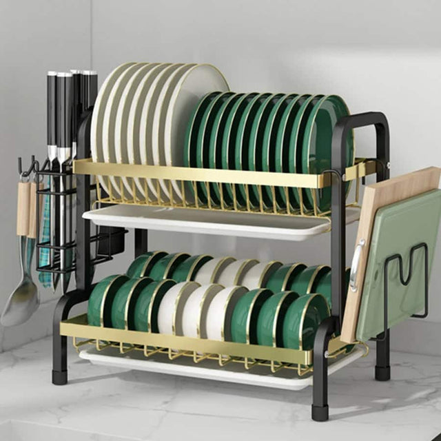 Front. Adivo - 2 tier Dish Drainer Kitchen Counter Dish Rack with Cutlery Holder, Drip Tray-55CM - Black and Gold.