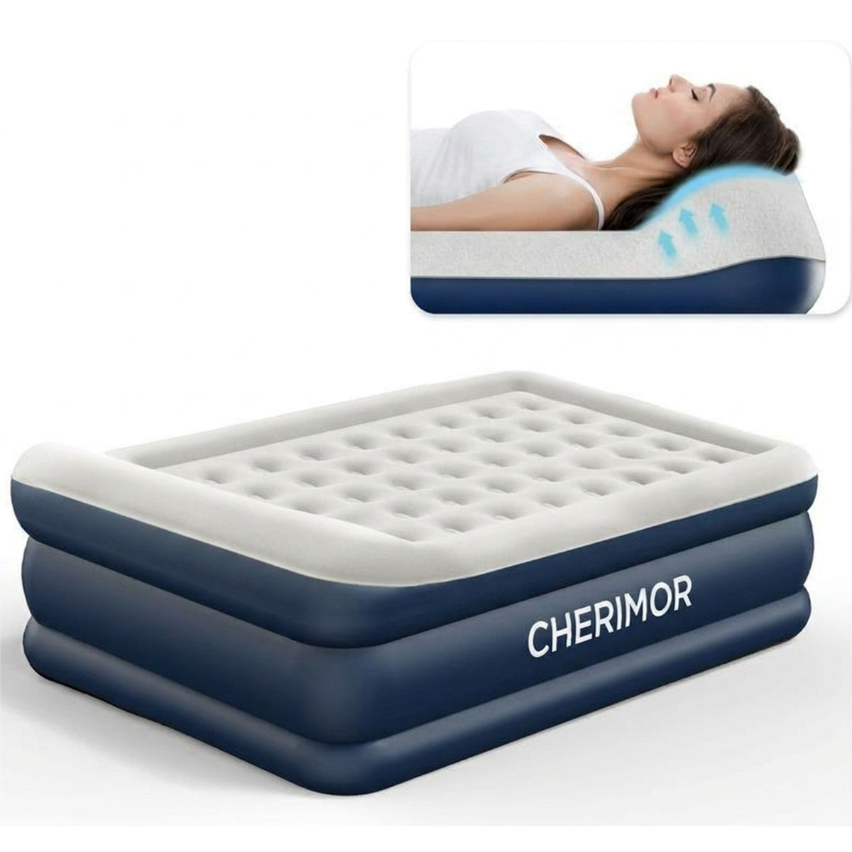 Cherimor - 20.5" Queen Air Mattress, Built-In Pump, Raised, Auto Inflate, Carrying Case, 800 lb Capacity - Blue