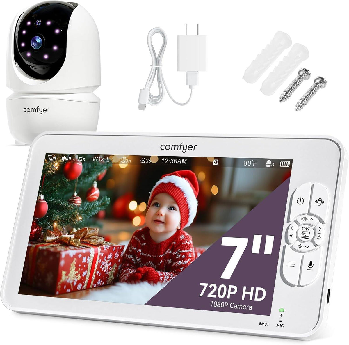 Comfyer - 7" Split-Screen Baby Monitor, 1 Camera, No WiFi, Long Battery - White