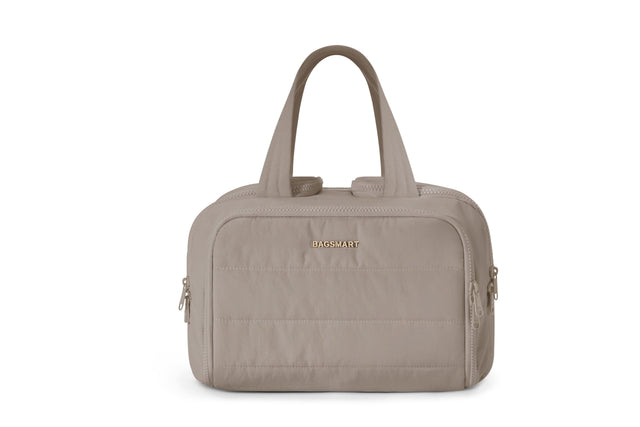 Front. Bagsmart - Large Capacity Toiletry Bag, Multi-Compartment Cosmetic Organizer with Wet Pocket for Travel & Daily Use - Camel.