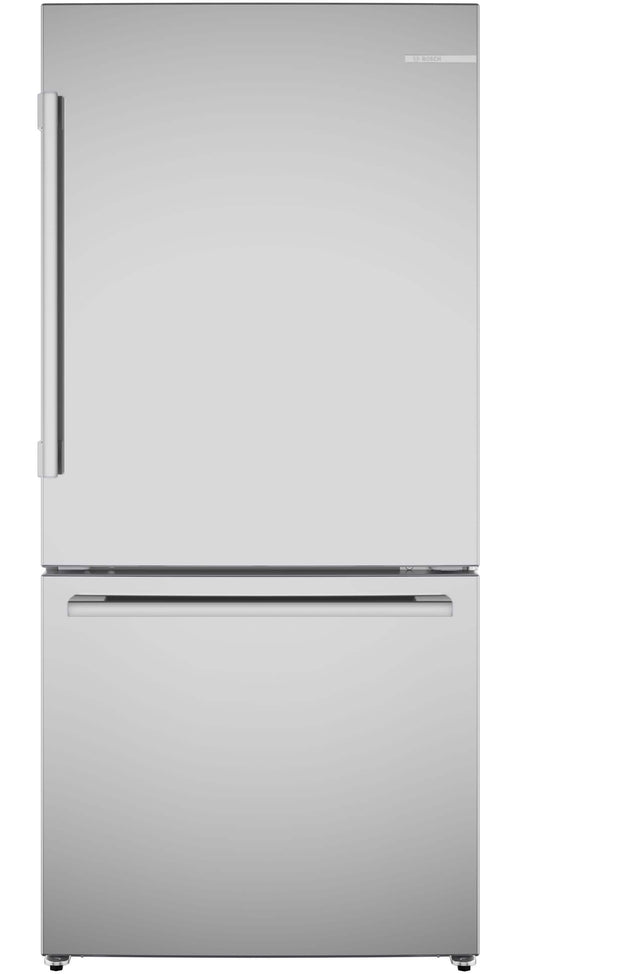 Front. Bosch - 100 Series 33 in. Wide 17.2 Cu. Ft. Bottom Freezer Counter-Depth Refrigerator with Ice in Fingerprint Resistance - Stainless Steel.