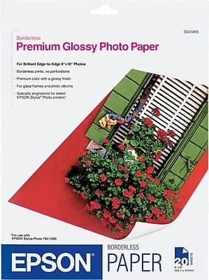 Borderless Premium Glossy Photo Paper S045465

For Brilliant Edge-to-Edge 8x10" Photos
- Borderless prints, no perforations
- Premium color with a glossy finish
- For glass frames and photo albums
- Specially engineered for select EPSON Stylus Photo printers

For use with EPSON Stylus Photo 700/1200

BORDERLESS PAPER
20 SHEETS

EPSON