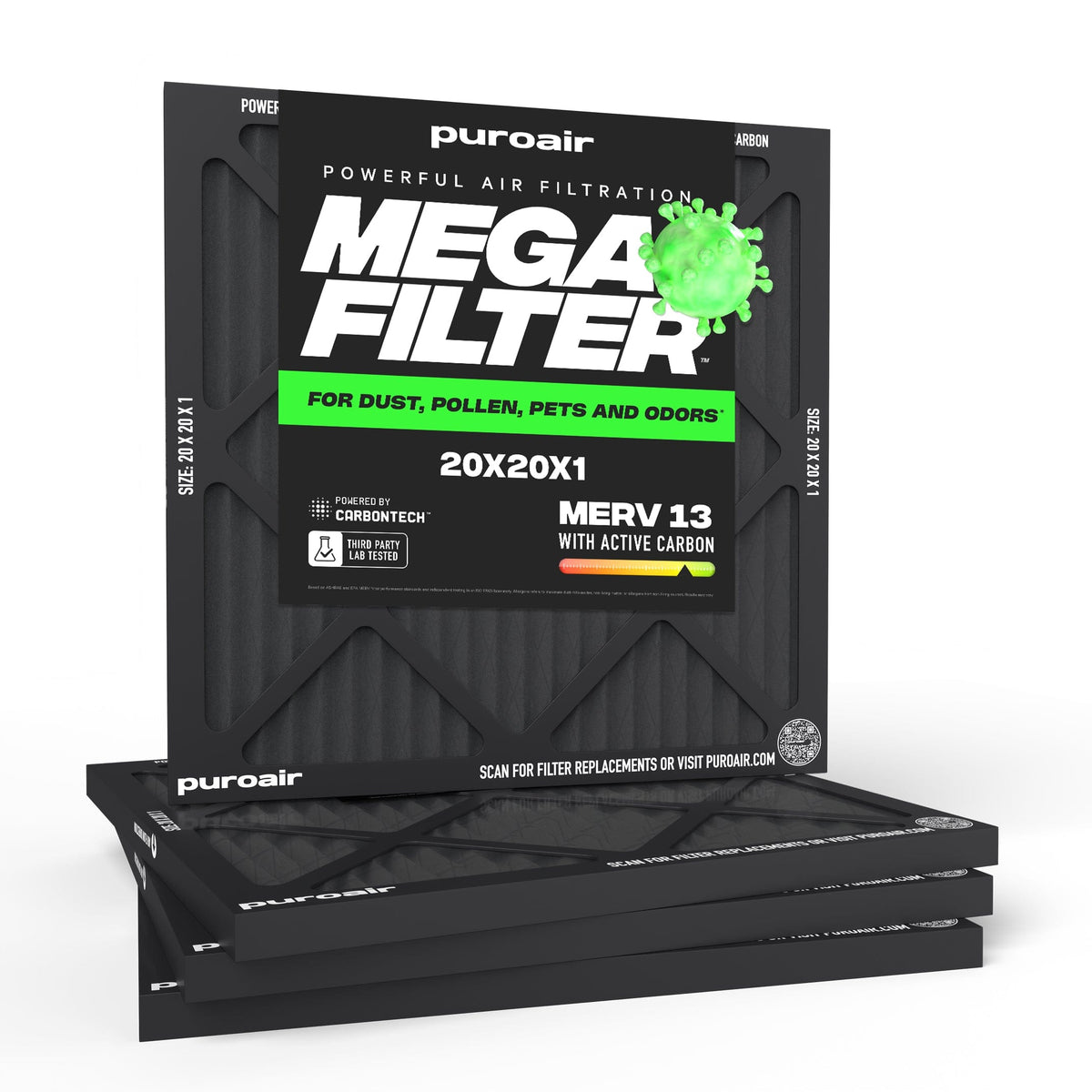 PuroAir - 20x20x1 HVAC Mega Filter MERV 13 Pleated Plus Activated Carbon Air Filter (4-Pack) - Black
