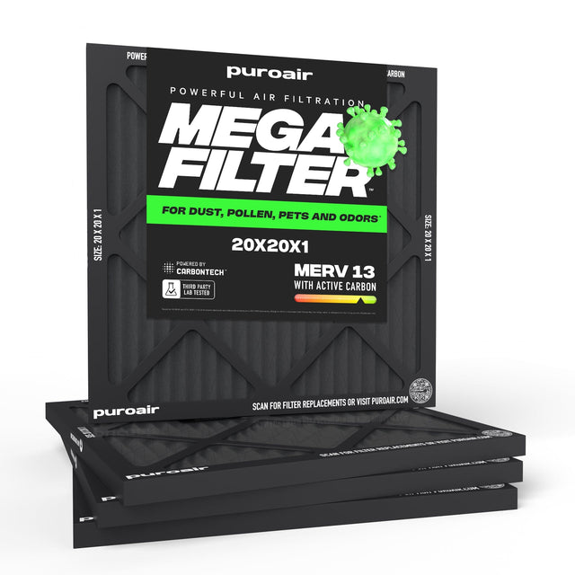 POWER puroair ARBON POWERFUL AIR FILTRATION MEGA FILTER™ X FOR DUST, POLLEN, PETS AND ODORS' 20 X SIZE: 20 20 20X20X1 x SIZE: 20 POWERED X1 1 BY CARBONTECH MERV 13 THIRD PARTY WITH ACTIVE CARBON LAB TESTED

puroair SE DIBIT puroair P FILTER REPLACEMENTS OR VISIT PUROAIR.COM SCAN FOR PURDAIR COM OR VISIT REP LACEMENTS FOR FILTER SCAN CHINK.COM DRUANCLUM