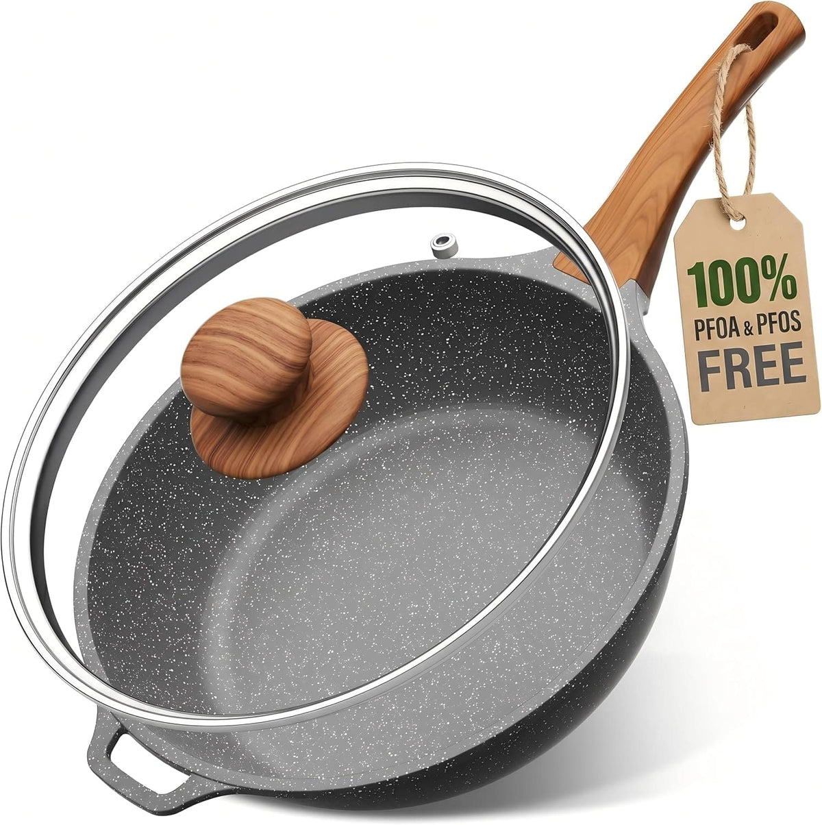 YASHE - 12 Inch/5 QT Nonstick Deep Frying Pan with Glass Lid - Gray