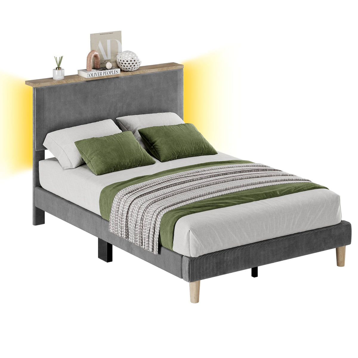 Bestier - Bed Frame Upholstered Platform Gaming Bed with LED Light & Adjustable Storage Headboard for Bedroom - Gray