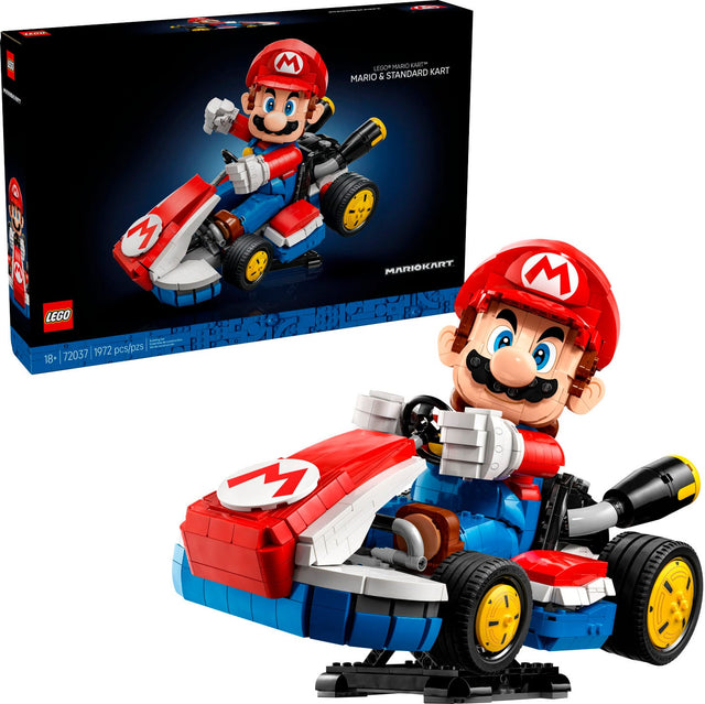 The image features a Lego Mario Kart set, which includes a Lego Mario figure and a Lego kart. The set is made up of 197 pieces and is designed for ages 18 and up. The Lego Mario figure is sitting in the Lego kart, ready to race.