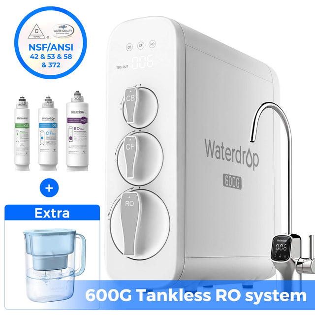 C - WAiTe QUALITY i ... AU NSF/ANSI 42 & 53 & 58 & 372 OF RO CE TDS OUT 006 CB waberdrop Watentah 2 Watendrdp - + - - | P6OE RO I CF Waterdrop 600G Extra RO Waterdrop 600G Tankless RO system
