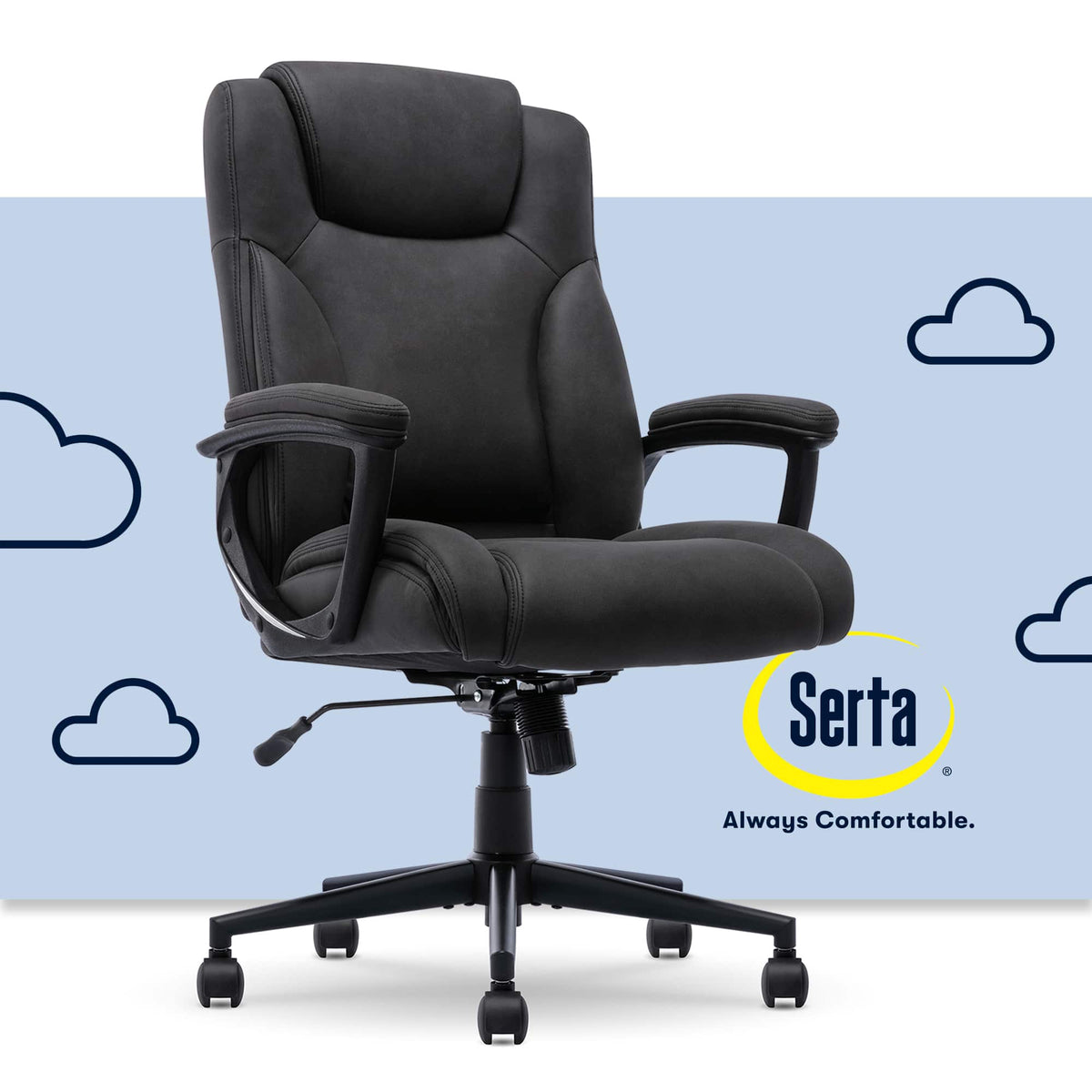 Serta - Mid-Back Ergonomic Executive Office Chair with Lumbar Support Waterfall Seat Edge Padded Armrests Reclining Swivel - Black