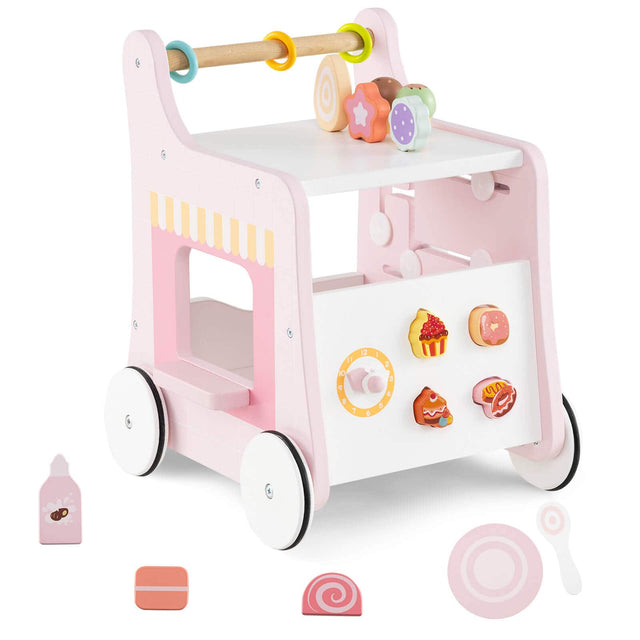 Front. Costway - Costway Wooden Baby Walker Ice Cream Cart Toy with Sweet Accessories & Smooth Wheels - Pink.
