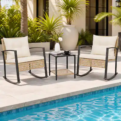 Costway - 3PCS Outdoor Conversation Sets Rocking Chair Set with 2 Chairs 2-Tier Glass-Top Coffee Table Cushions
