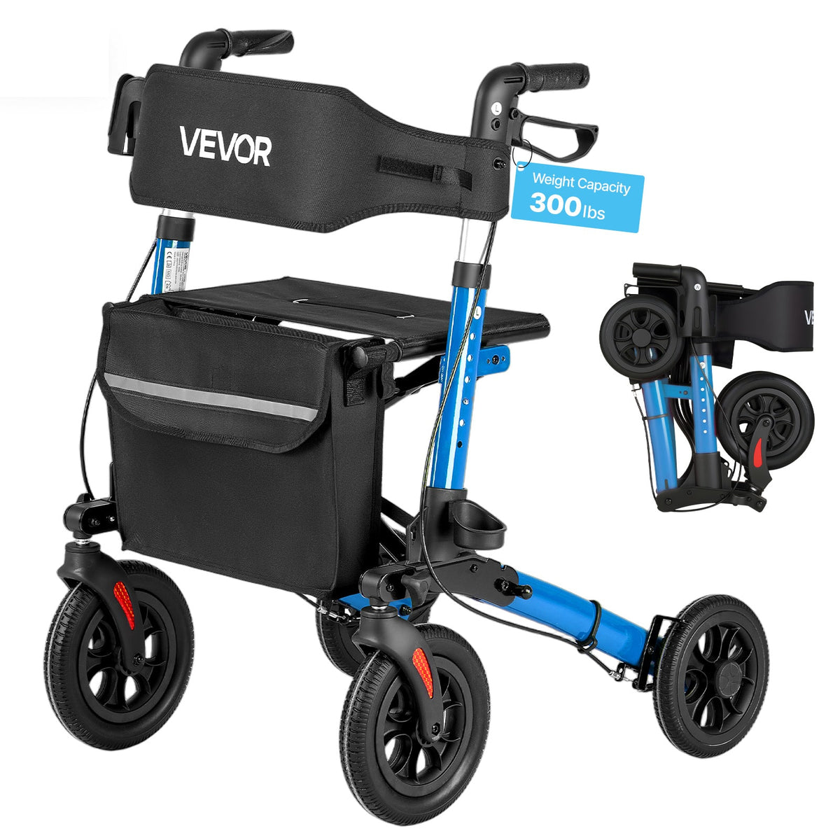 VEVOR - Rollator Walker with Seat for Seniors, Ultra Compact 3-Fold Rolling Walker, Lightweight Aluminum Mobility Walking Aid - Black;Blue