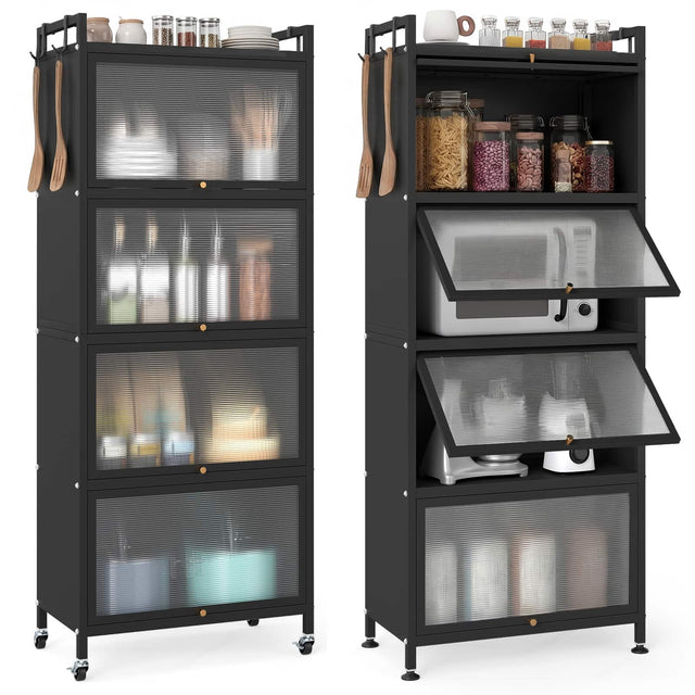 Front. Costway - Costway 5-Tier Kitchen Baker's Rack Storage Cabinet Mobile Microwave Stand Flip-up Doors - Black.