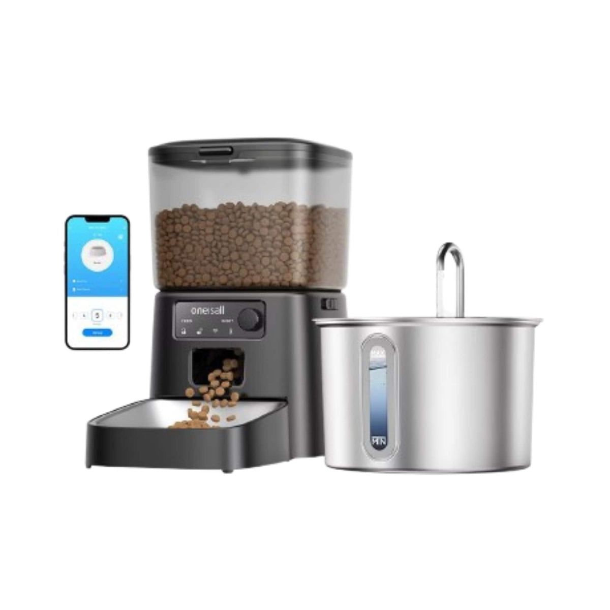 Oneisall - Cat Feeding Combo: 3.5L Wifi Automatic Cat Feeder + 2L Stainless Steel Cat Water Fountain with 3 Filters - Black