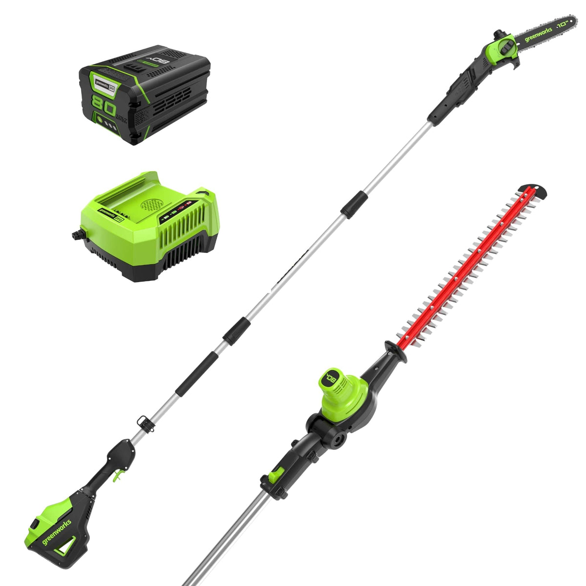 Greenworks - 80V 10" Pole Saw and 20" Pole Hedge Combo Kit, with 2Ah Battery and Charger - Green