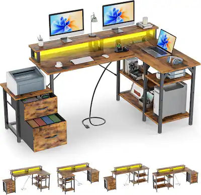 GTPlayer - 70 IN Wide LED Gaming Desk L-Shaped with Power Outlet Computer Desk