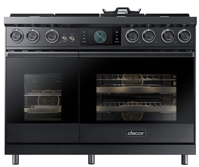 Front. Dacor - 48 in. Wide 6 Burner Contemporary 6.6 Cu. Ft. Slide-In Double Oven Dual Fuel Four-Part Pure Convection Range - Graphite Steel.